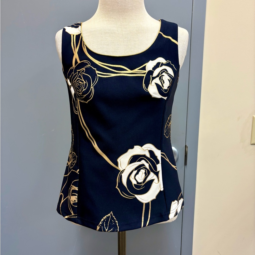 Joseph Ribkoff 2-Piece Floral Twin Set Size 4 NWT Midnight Blue Gold Trim